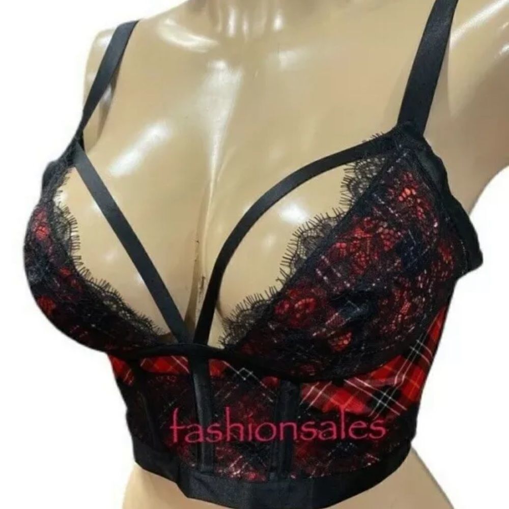 Victoria’s Secret Very Sexy Strappy Bustier Corset Longline Satin Plaid Black
